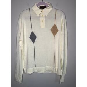 1980s Thane Cream Gray Tan Diamond Argyle Old Money Academic Collared Sweater L